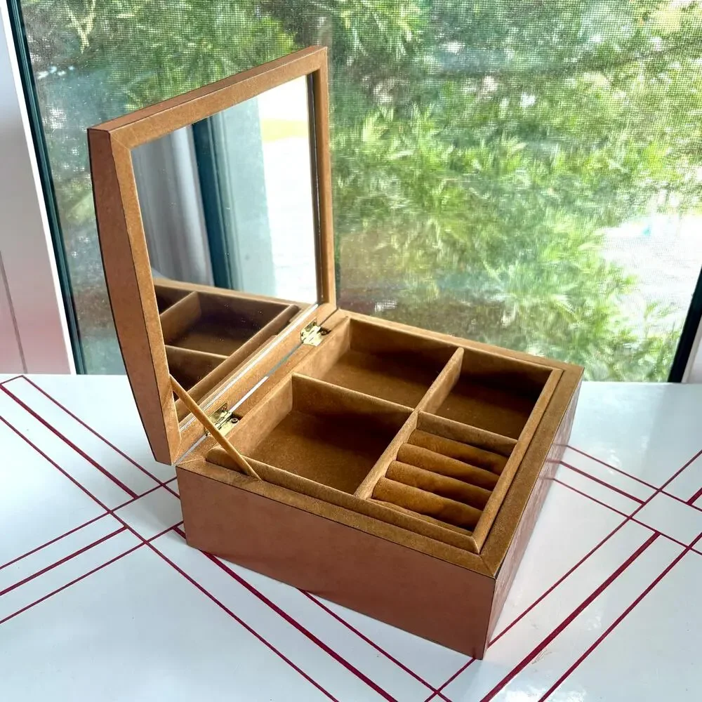 Vintage Mirrored Jewelry Box with 2 Removable Velvet Trays Brown Finish